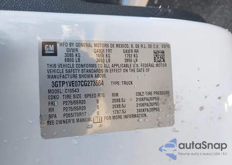 2012 GMC Sierra 1500 Sle z USA, uszkodzony, nr VIN 3GTP1VE07CG273664